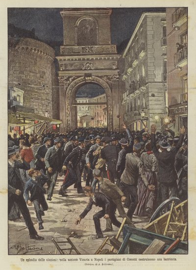 Een episode van de verkiezingen, in de Vicaria-sectie in Napels bouwen de aanhangers van Ciecotti een barricade door Achille Beltrame